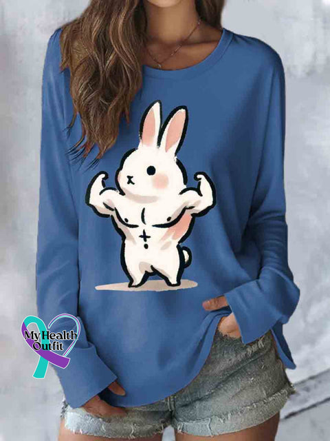 Be Strong Bunny Print Casual Long Sleeve Top Blue / S