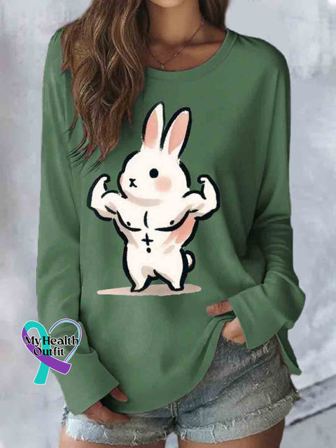 Be Strong Bunny Print Casual Long Sleeve Top Green / S