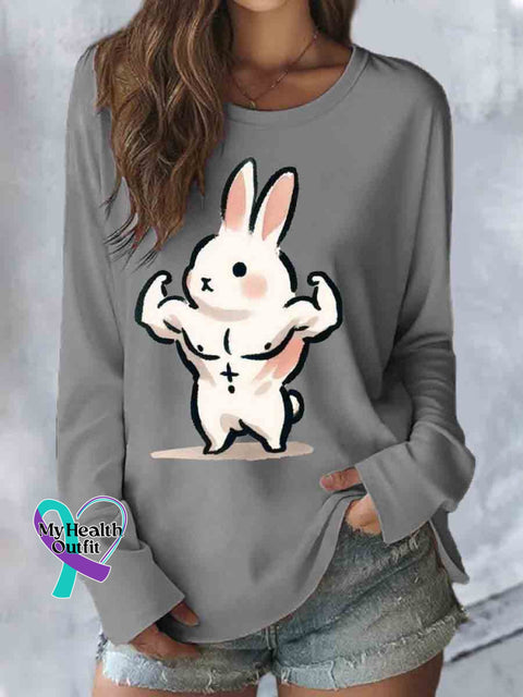 Be Strong Bunny Print Casual Long Sleeve Top Grey / S