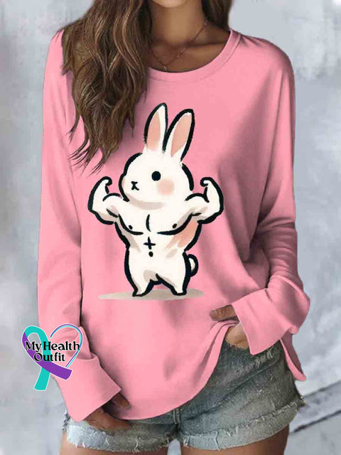 Be Strong Bunny Print Casual Long Sleeve Top Pink / S
