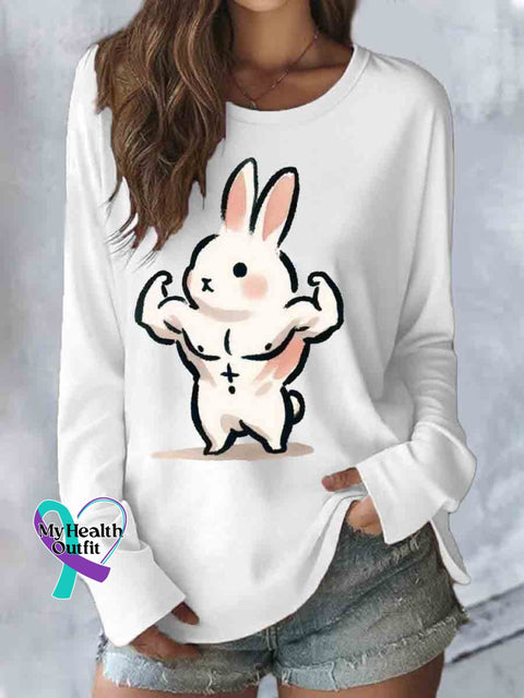 Be Strong Bunny Print Casual Long Sleeve Top White / S