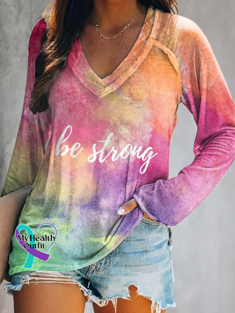 Be Strong Rainbow Print Casual V-Neck Long Sleeve T-Shirt Multicolor / S