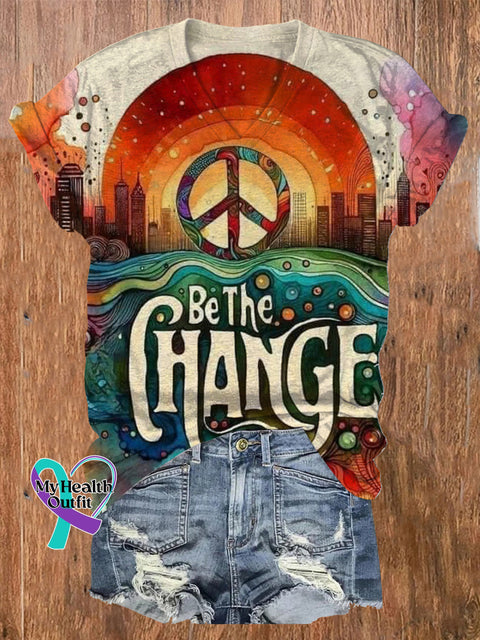 Be The Change Peace Print Casual V-Neck Short Sleeve T-Shirt Multicolor / S