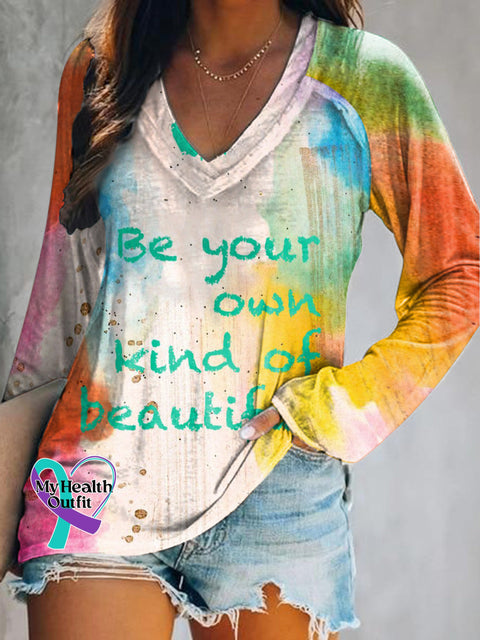 Be Your Own Kind Of Beautiful Printed Casual V-Neck Long Sleeve Top Multicolor / S