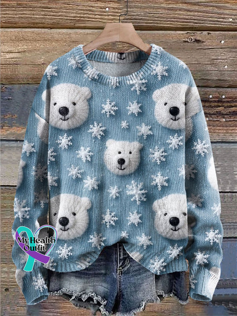 Bear Snow Print Knit Pullover Sweater Blue / S