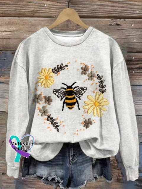 Bee Art Print Casual Sweatshirt White / S