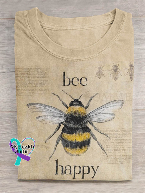 Bee Happy Art Print Casual Cotton T-shirt Sand / S