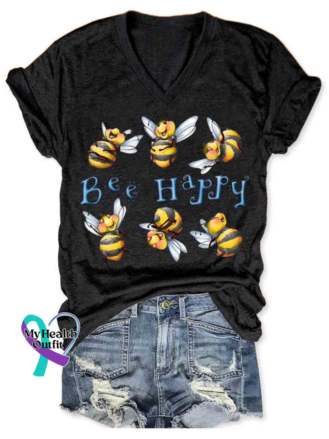 Bee Happy Art V-neck Casual T-Shirt Black / S