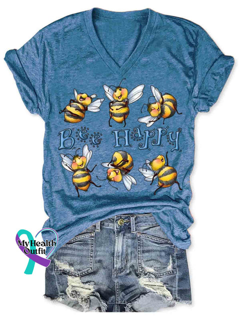 Bee Happy Art V-neck Casual T-Shirt Blue / S