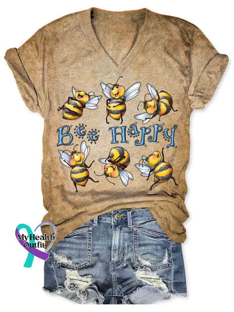 Bee Happy Art V-neck Casual T-Shirt Khaki / S