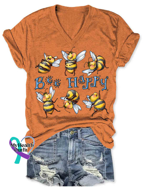 Bee Happy Art V-neck Casual T-Shirt Orange / S