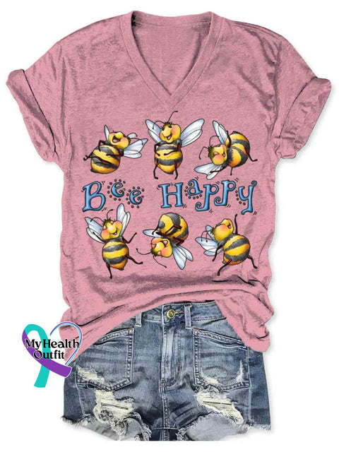 Bee Happy Art V-neck Casual T-Shirt Pink / S