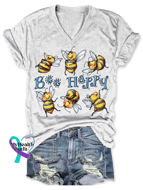 Bee Happy Art V-neck Casual T-Shirt White / S