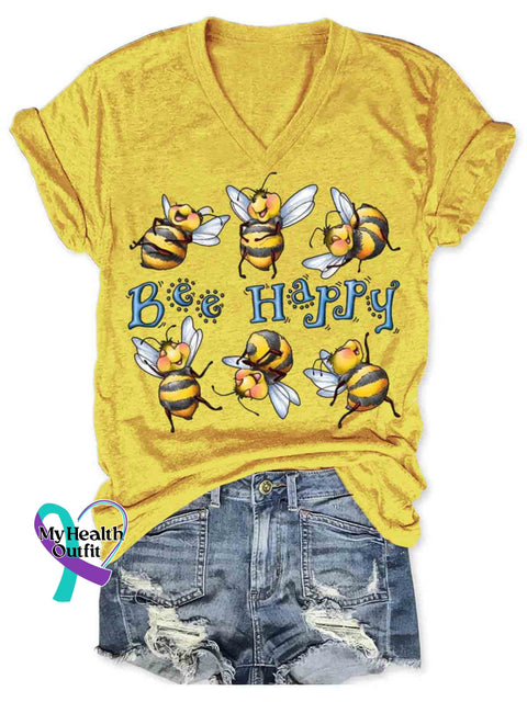 Bee Happy Art V-neck Casual T-Shirt Yellow / S