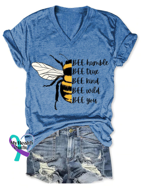 Bee Humble Bee True Bee Kind Bee Wild Bee You Art Print V-neck Casual T-Shirt Blue / S