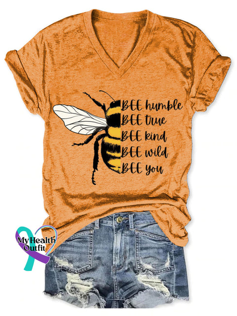 Bee Humble Bee True Bee Kind Bee Wild Bee You Art Print V-neck Casual T-Shirt Orange / S