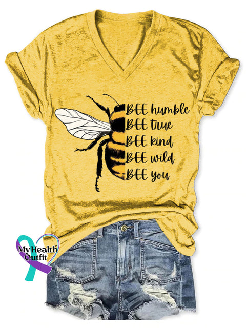 Bee Humble Bee True Bee Kind Bee Wild Bee You Art Print V-neck Casual T-Shirt Yellow / S