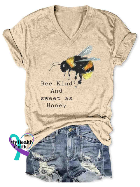 Bee Kind Art V-neck Casual T-Shirt Apricot / S