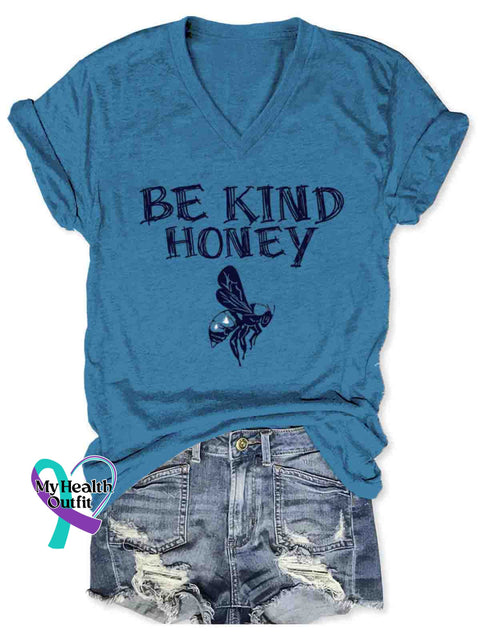Bee Kind Honey Art V-neck Casual T-Shirt Blue / S