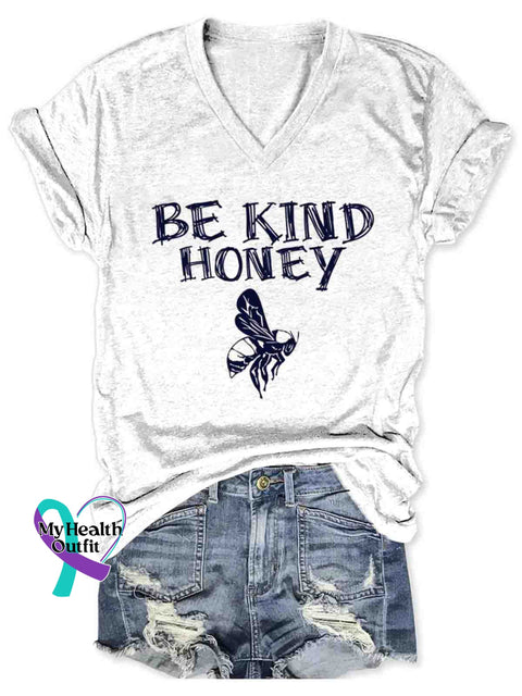 Bee Kind Honey Art V-neck Casual T-Shirt White / S