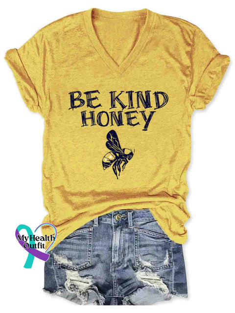 Bee Kind Honey Art V-neck Casual T-Shirt Yellow / S