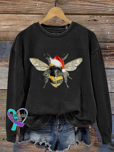 Bee Merry Christmas Print Casual Sweatshirt Black / S