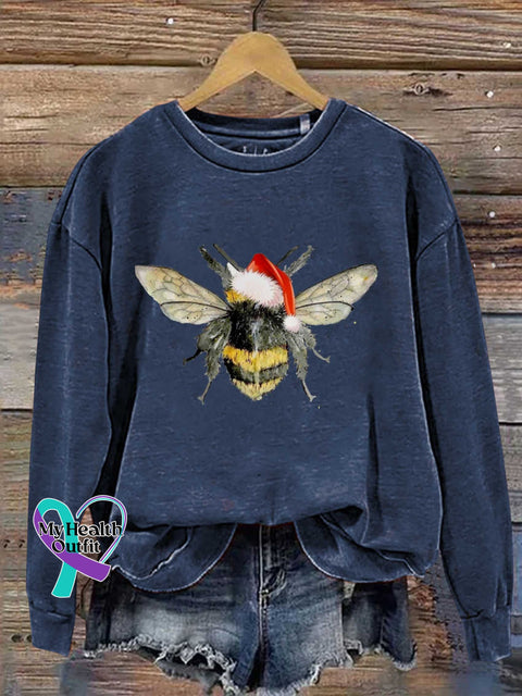 Bee Merry Christmas Print Casual Sweatshirt Blue / S