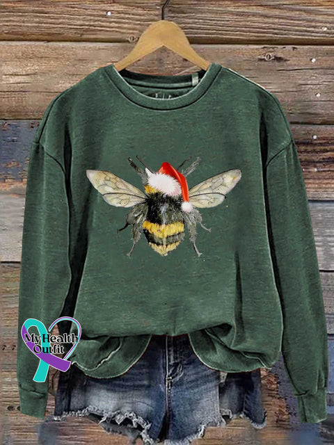Bee Merry Christmas Print Casual Sweatshirt Green / S