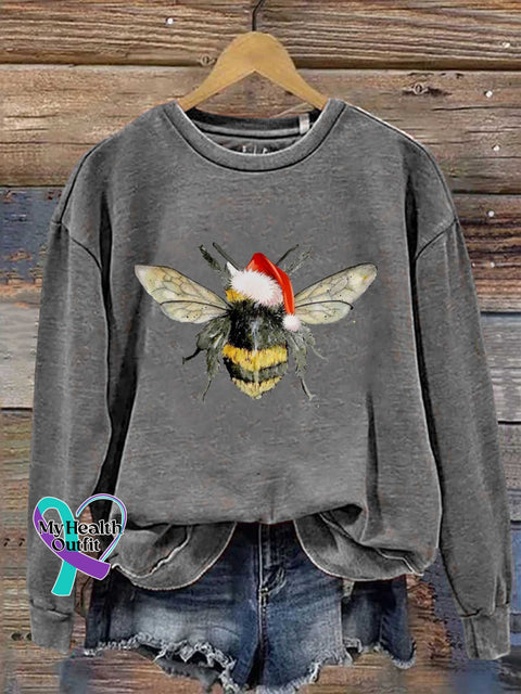Bee Merry Christmas Print Casual Sweatshirt Grey / S