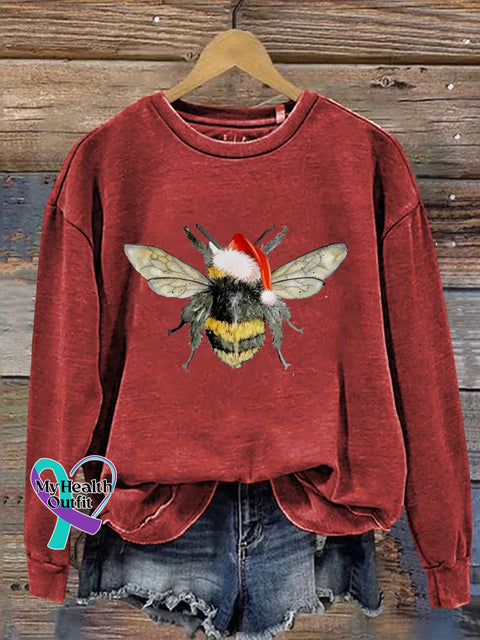 Bee Merry Christmas Print Casual Sweatshirt Red / S