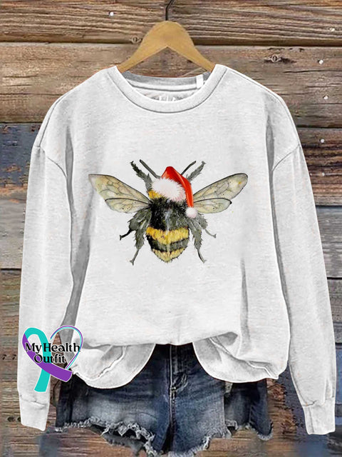 Bee Merry Christmas Print Casual Sweatshirt White / S