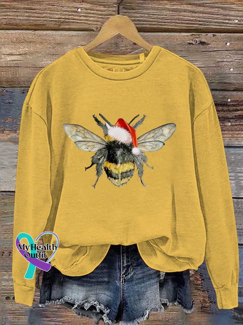 Bee Merry Christmas Print Casual Sweatshirt Yellow / S