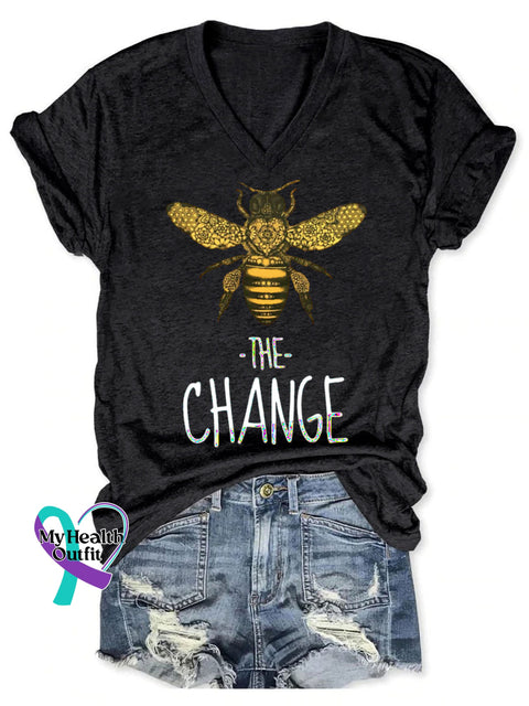 Bee The Change Pattern Art Print V-neck Casual T-Shirt Black / S