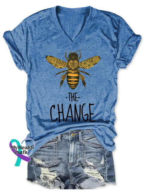 Bee The Change Pattern Art Print V-neck Casual T-Shirt Blue / S