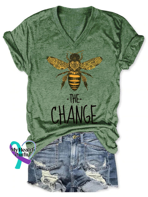 Bee The Change Pattern Art Print V-neck Casual T-Shirt DarkGreen / S