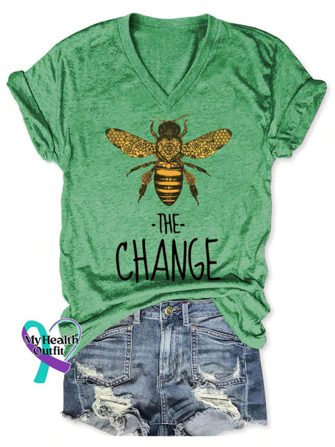 Bee The Change Pattern Art Print V-neck Casual T-Shirt Green / S