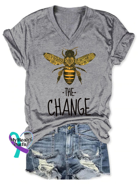 Bee The Change Pattern Art Print V-neck Casual T-Shirt Grey / S