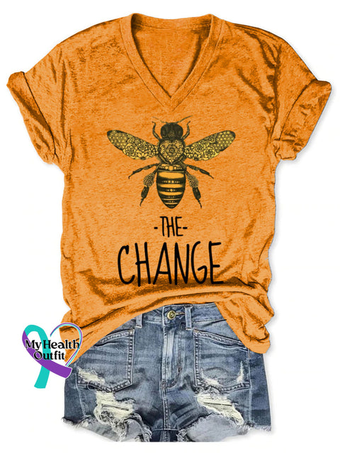 Bee The Change Pattern Art Print V-neck Casual T-Shirt Orange / S