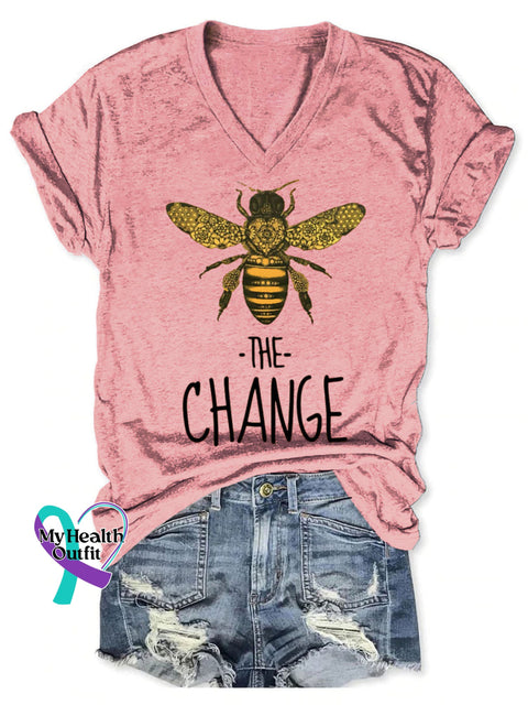 Bee The Change Pattern Art Print V-neck Casual T-Shirt Pink / S