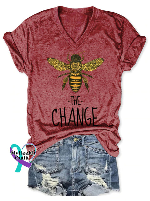 Bee The Change Pattern Art Print V-neck Casual T-Shirt Red / S