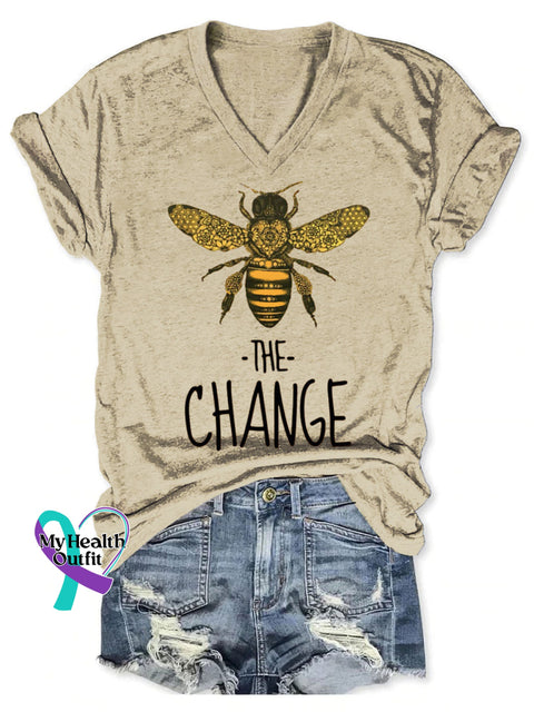 Bee The Change Pattern Art Print V-neck Casual T-Shirt Sand / S