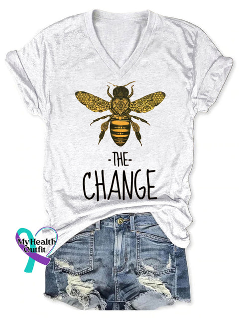 Bee The Change Pattern Art Print V-neck Casual T-Shirt White / S