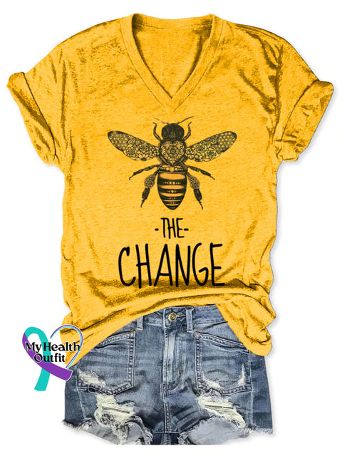 Bee The Change Pattern Art Print V-neck Casual T-Shirt Yellow / S
