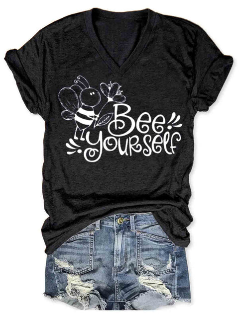 Bee Yourself Art V-neck Casual T-Shirt Black / S