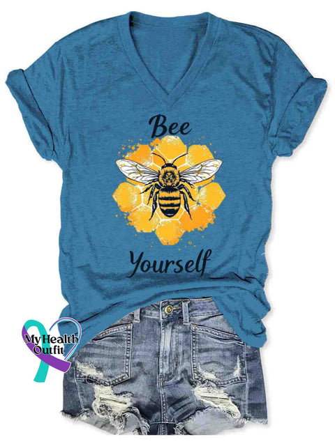 Bee Yourself Art V-neck Casual T-Shirt Blue / S