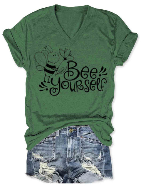 Bee Yourself Art V-neck Casual T-Shirt Green / S