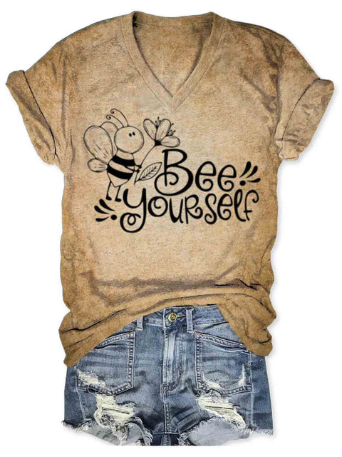 Bee Yourself Art V-neck Casual T-Shirt Khaki / S