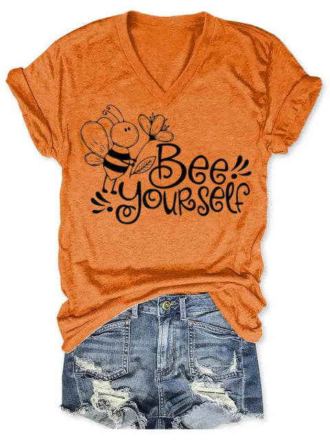 Bee Yourself Art V-neck Casual T-Shirt Orange / S