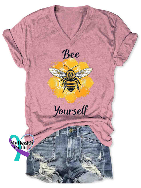 Bee Yourself Art V-neck Casual T-Shirt Pink / S