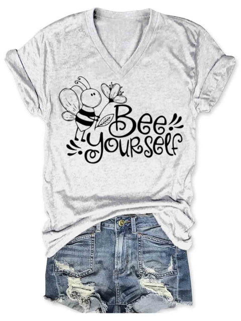 Bee Yourself Art V-neck Casual T-Shirt White / S